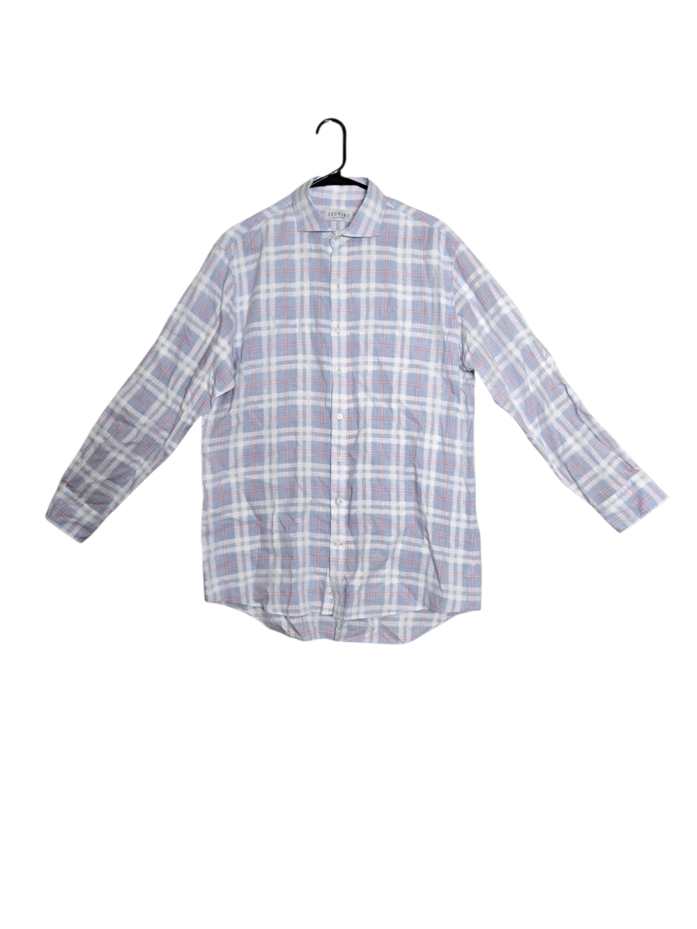Ledbury Alden Collar Classic Fit Dress Shirt Blue Check Linen Blend 15.5 Medium - Picture 9 of 12